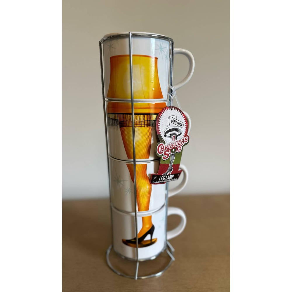 A Christmas Story Leg Lamp Set of 4 Stacking Coffee Mugs with Holder NWT